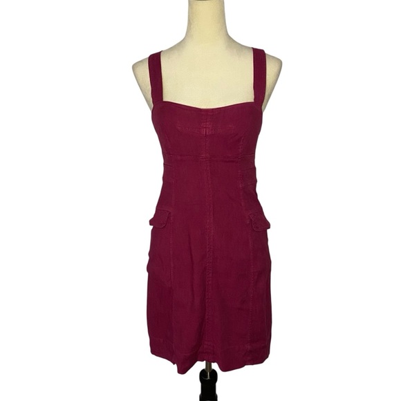 Anthropologie Square Neck Linen Blend Mini Cargo Stretch Dress 6 Burgundy Boho - Picture 2 of 13